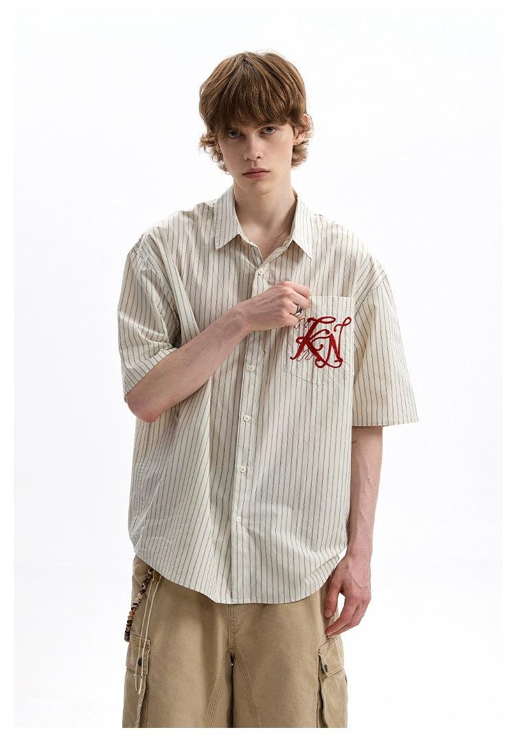 Embroidered Pocket Striped Shirt Korean Street Fashion Shirt By A PUEE Shop Online at OH Vault