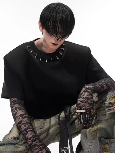 Wide Shoulder Metallic Detail T-Shirt Korean Street Fashion T-Shirt By Slim Black Shop Online at OH Vault
