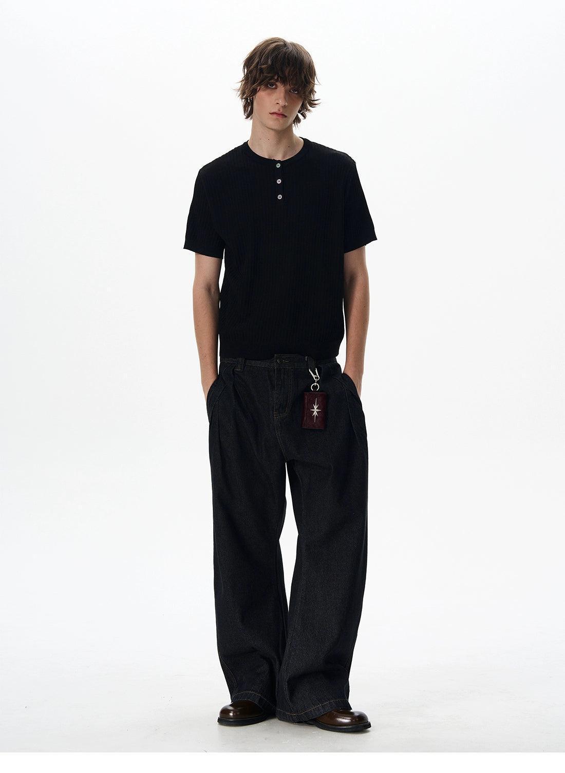 Henley Collar Ribbed Knit T-Shirt Korean Street Fashion T-Shirt By 77Flight Shop Online at OH Vault