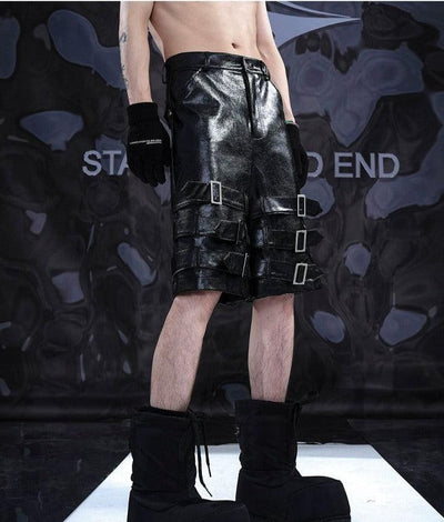 Multi-Buckled Sleek PU Leather Shorts Korean Street Fashion Shorts By Slim Black Shop Online at OH Vault