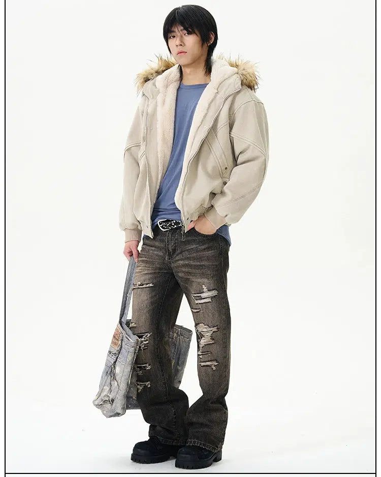 Faded Fur Trimmed Hooded Jacket Korean Street Fashion Jacket By 77Flight Shop Online at OH Vault