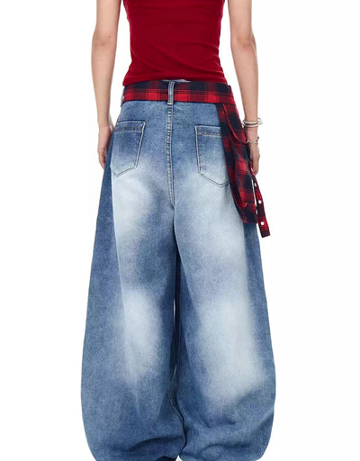 Plaid Splice Belt Wide Jeans Korean Street Fashion Jeans By Blacklists Shop Online at OH Vault