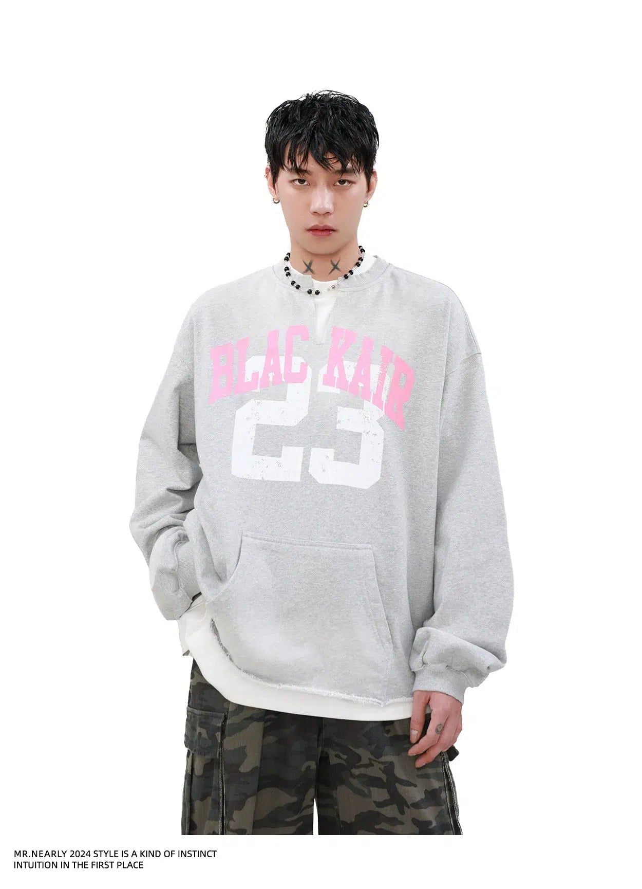 Slit Collar Raw Edge Crewneck Korean Street Fashion Crewneck By Mr Nearly Shop Online at OH Vault