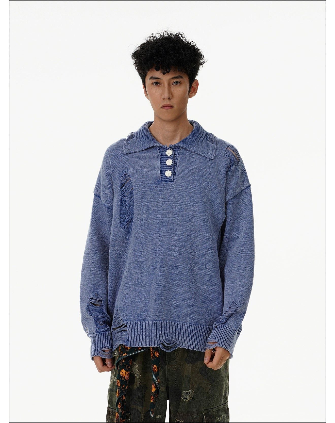 Washed Ripped Hole Knit Polo Korean Street Fashion Polo By Mr Nearly Shop Online at OH Vault