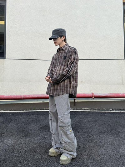 Number Patched Plaid Shirt Korean Street Fashion Shirt By Ash Dark Shop Online at OH Vault
