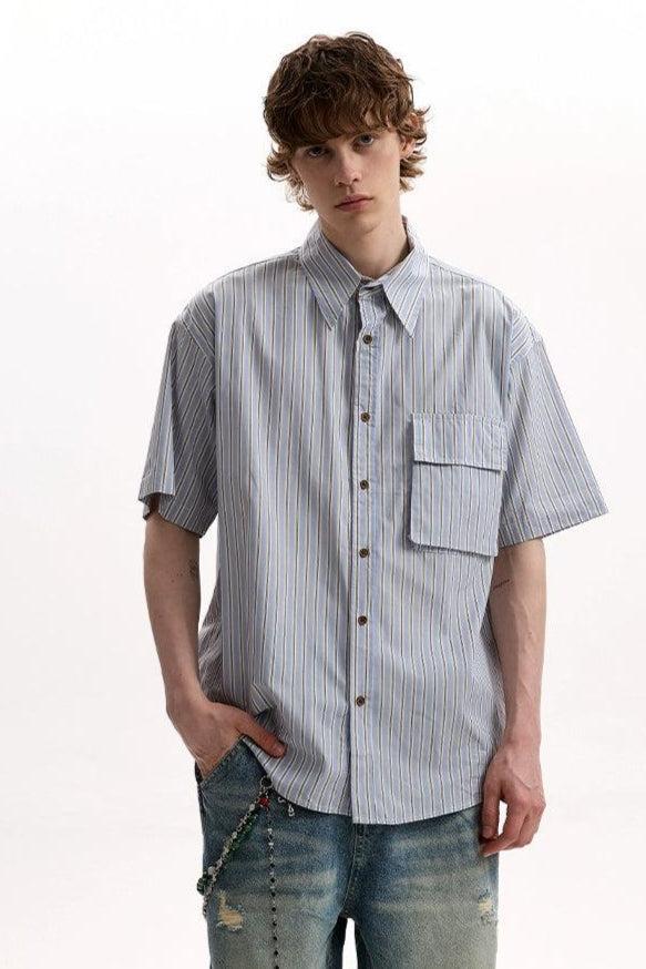 Flap Pocket Striped Shirt Korean Street Fashion Shirt By A PUEE Shop Online at OH Vault