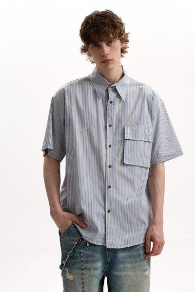 Flap Pocket Striped Shirt Korean Street Fashion Shirt By A PUEE Shop Online at OH Vault