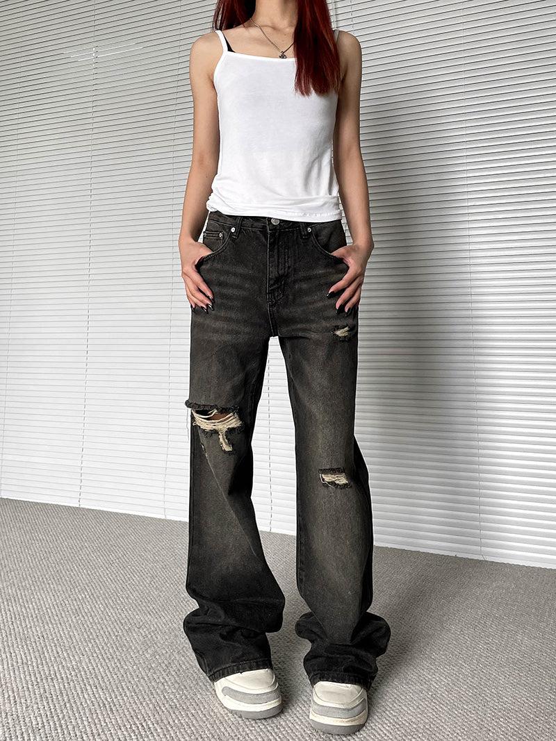 Whiskered Slim Fit Ripped Jeans Korean Street Fashion Jeans By Apocket Shop Online at OH Vault