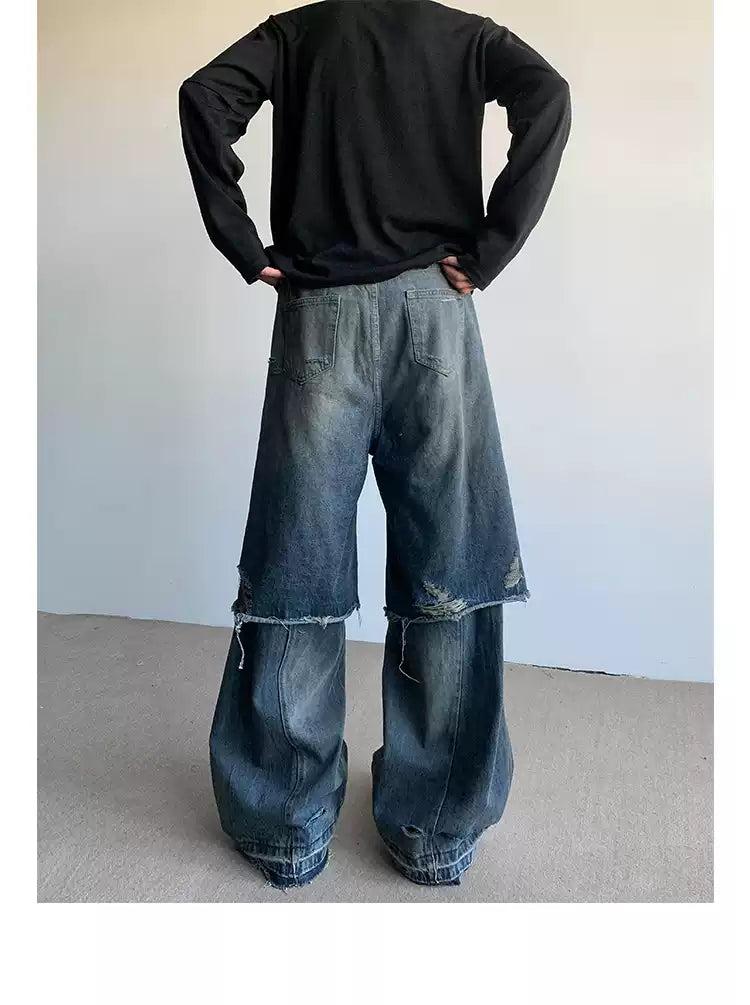 Half Spliced and Distressed Jeans Korean Street Fashion Jeans By Poikilotherm Shop Online at OH Vault