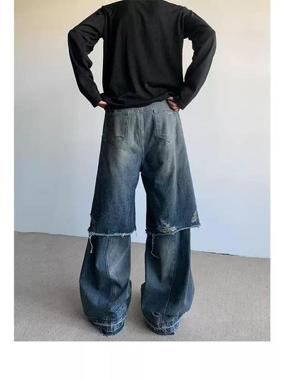 Half Spliced and Distressed Jeans Korean Street Fashion Jeans By Poikilotherm Shop Online at OH Vault