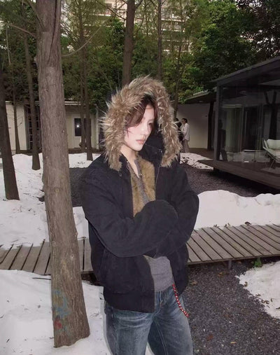 Fur-Lined Ribbed Hem Hooded Jacket Korean Street Fashion Jacket By Made Extreme Shop Online at OH Vault