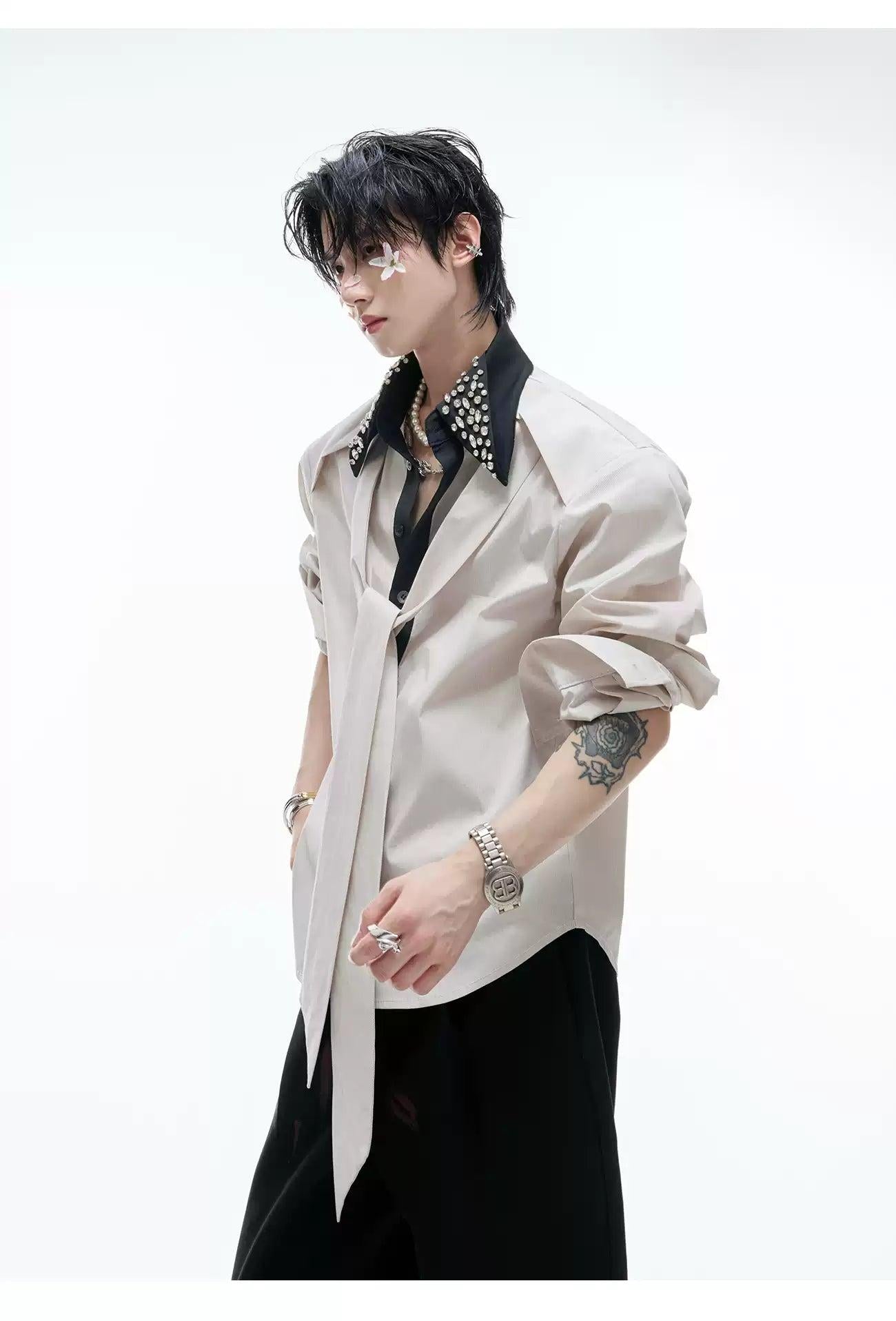 Rhinestone Embellished Strap Detail Shirt Korean Street Fashion Shirt By Argue Culture Shop Online at OH Vault