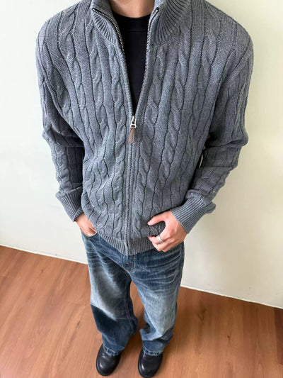 Stand Collar Cable Knit Jacket Korean Street Fashion Jacket By Made Extreme Shop Online at OH Vault