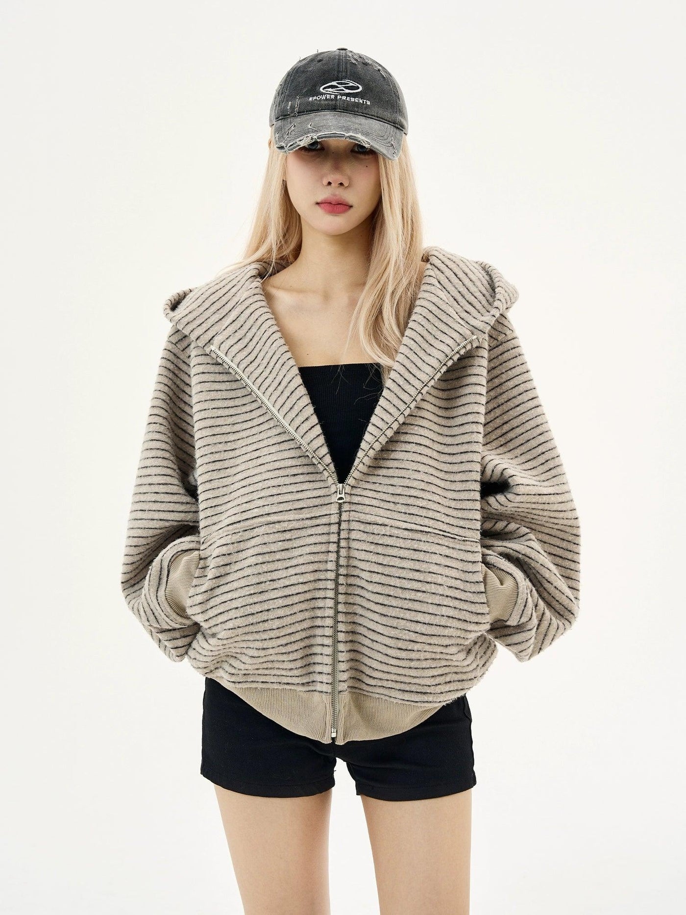 Striped Textured Zip Up Hoodie Korean Street Fashion Hoodie By MaxDstr Shop Online at OH Vault