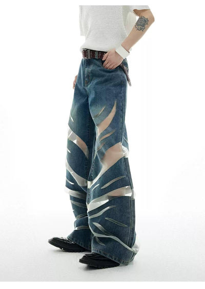 Mesh Spliced Denim Shirt & Wide Jeans Set Korean Street Fashion Clothing Set By Argue Culture Shop Online at OH Vault