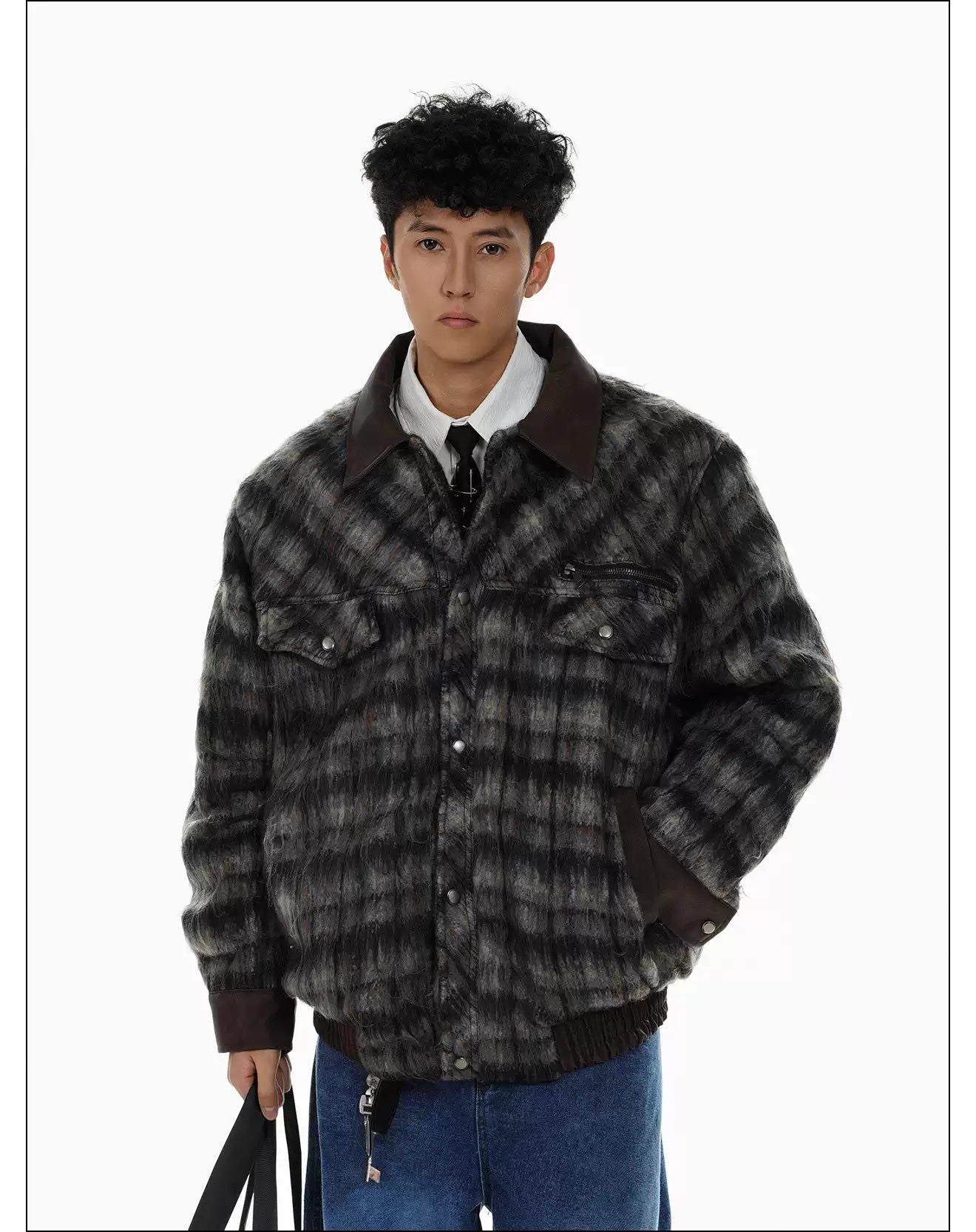 Fuzzy Spliced Plaid Jacket Korean Street Fashion Jacket By Mr Nearly Shop Online at OH Vault