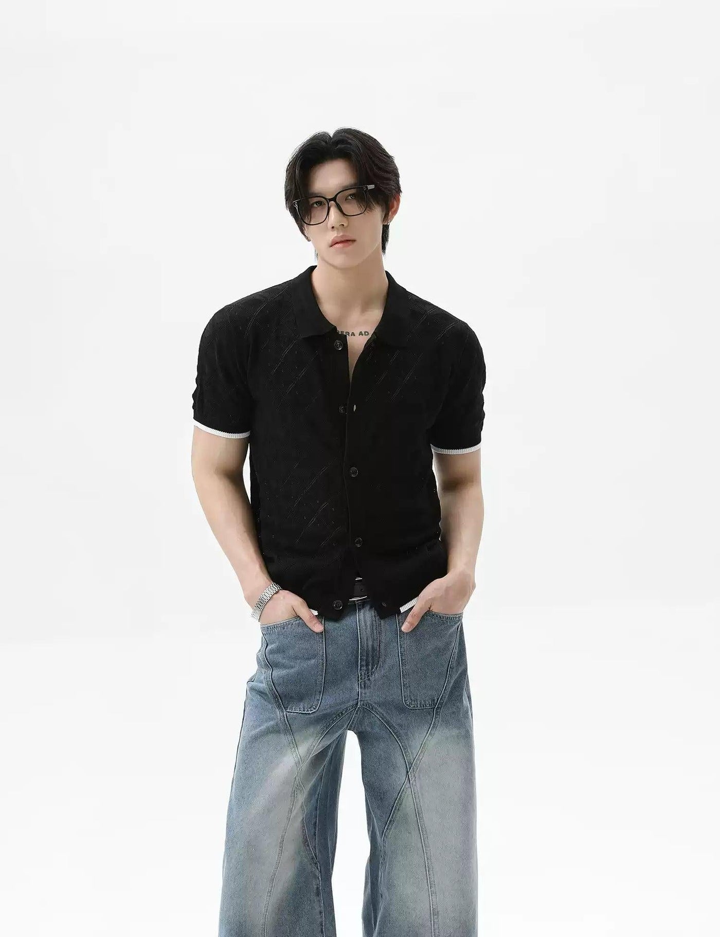 Diamond Pattern Knit Short Sleeve Shirt Korean Street Fashion Shirt By Turn Tide Shop Online at OH Vault