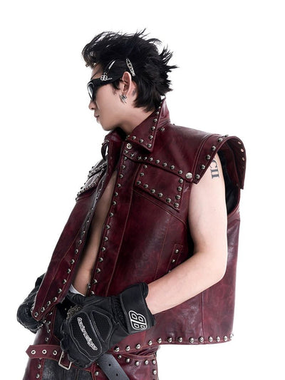 Rivet PU Leather Vest & Spliced Contrast Pants Set Korean Street Fashion Clothing Set By Slim Black Shop Online at OH Vault