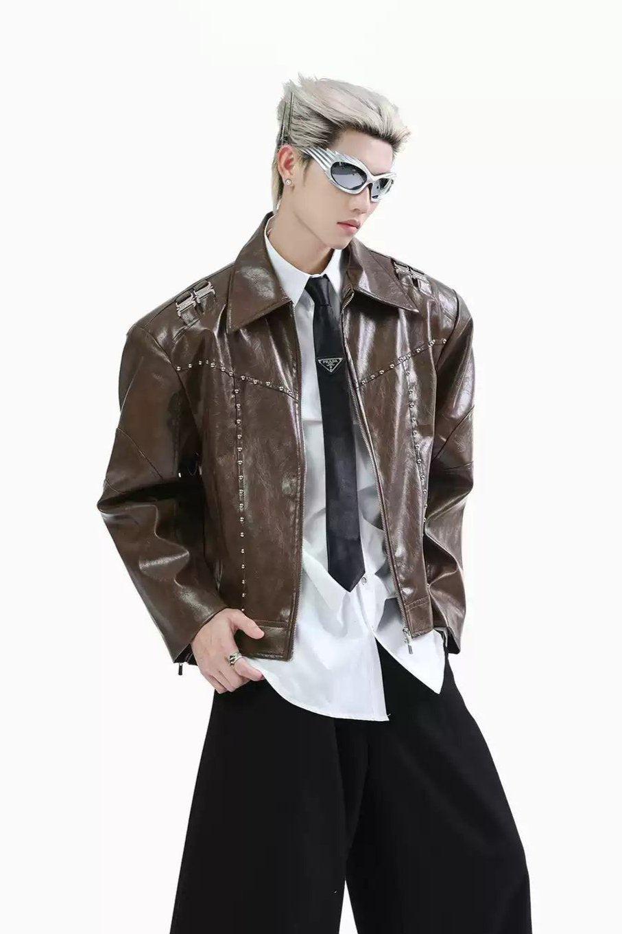 Metallic Detailed PU Leather Jacket Korean Street Fashion Jacket By Turn Tide Shop Online at OH Vault