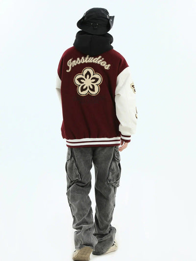 Fuzzy Flower & Logo Embroidery Varsity Jacket Korean Street Fashion Jacket By INS Korea Shop Online at OH Vault