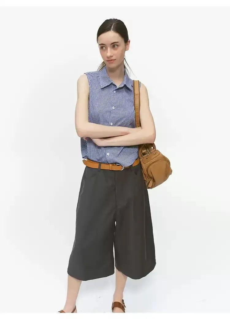 Sleeveless Plaid Buttoned Shirt Korean Street Fashion Shirt By Country Moment Shop Online at OH Vault