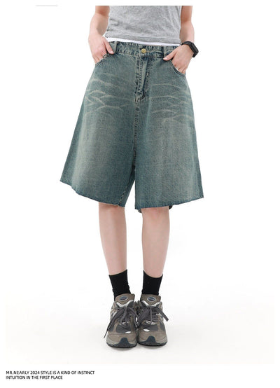 Rippled Wash Raw Edge Denim Shorts Korean Street Fashion Shorts By Mr Nearly Shop Online at OH Vault