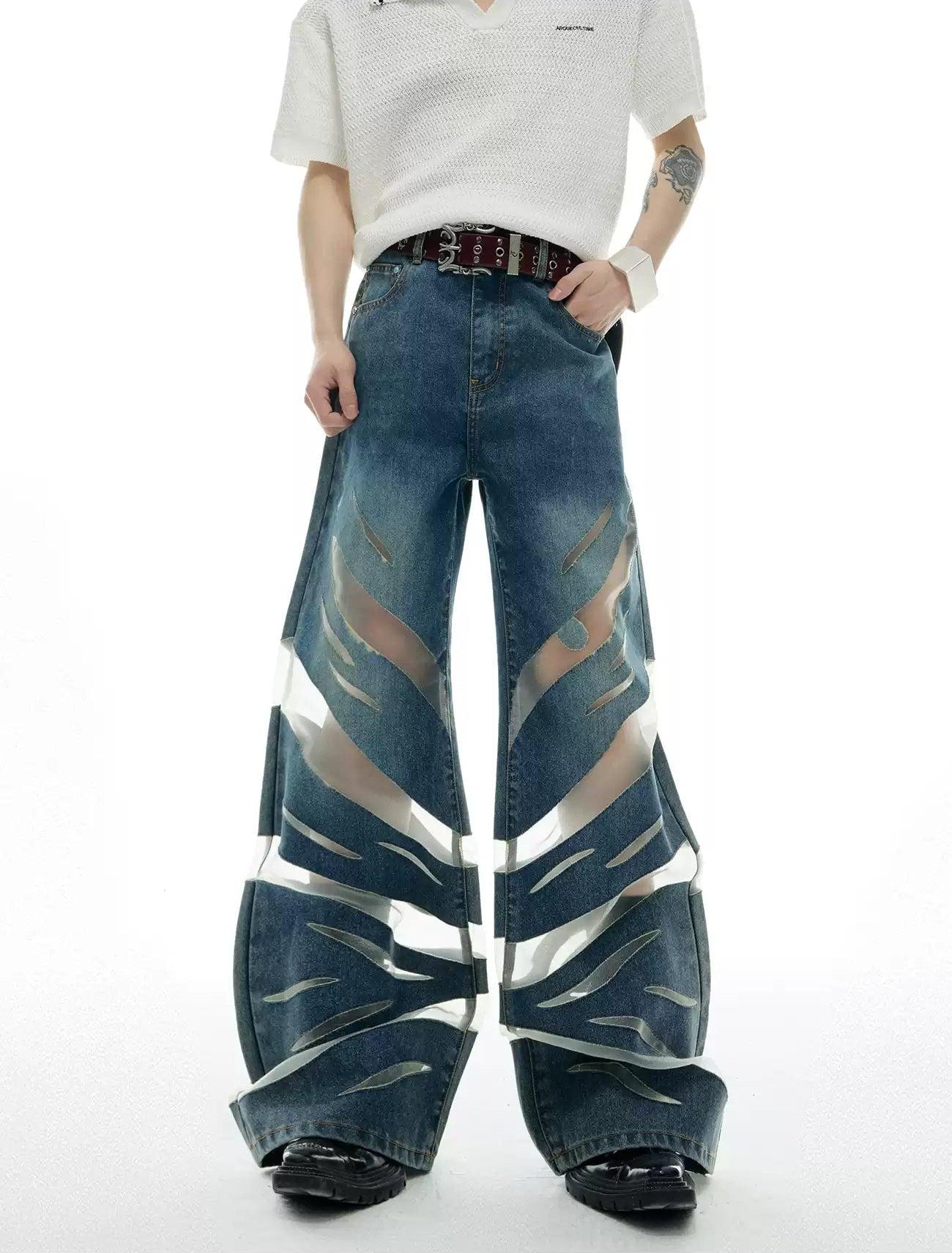Mesh Spliced Denim Shirt & Wide Jeans Set Korean Street Fashion Clothing Set By Argue Culture Shop Online at OH Vault