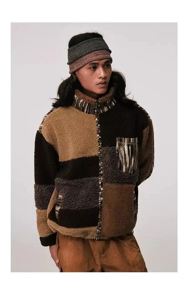 Spliced Blocks Shearling Zipped Jacket Korean Street Fashion Jacket By Conp Conp Shop Online at OH Vault