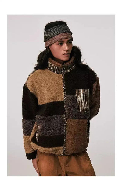 Spliced Blocks Shearling Zipped Jacket Korean Street Fashion Jacket By Conp Conp Shop Online at OH Vault