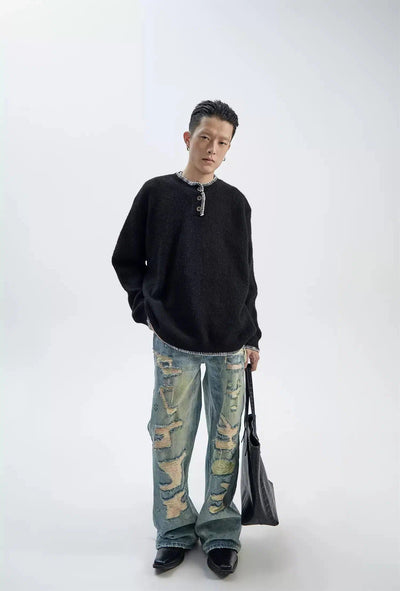 Hand-Stitched Henry Collar Sweater Korean Street Fashion Sweater By Ash Dark Shop Online at OH Vault