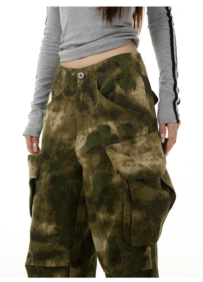 Pleated Dyed Camo Cargo Pants Korean Street Fashion Pants By 77Flight Shop Online at OH Vault