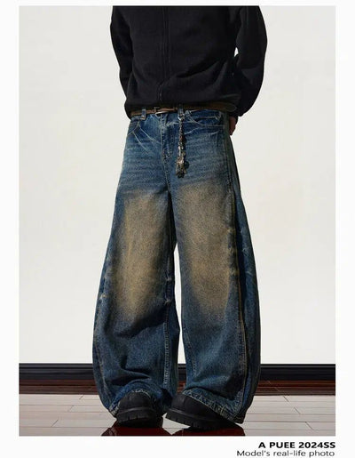 Mud-Dyed Whiskers Wide Jeans Korean Street Fashion Jeans By A PUEE Shop Online at OH Vault