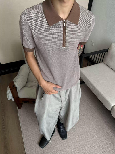 Textured Contrast Half-Zipped Knit Polo Korean Street Fashion Polo By Made Extreme Shop Online at OH Vault