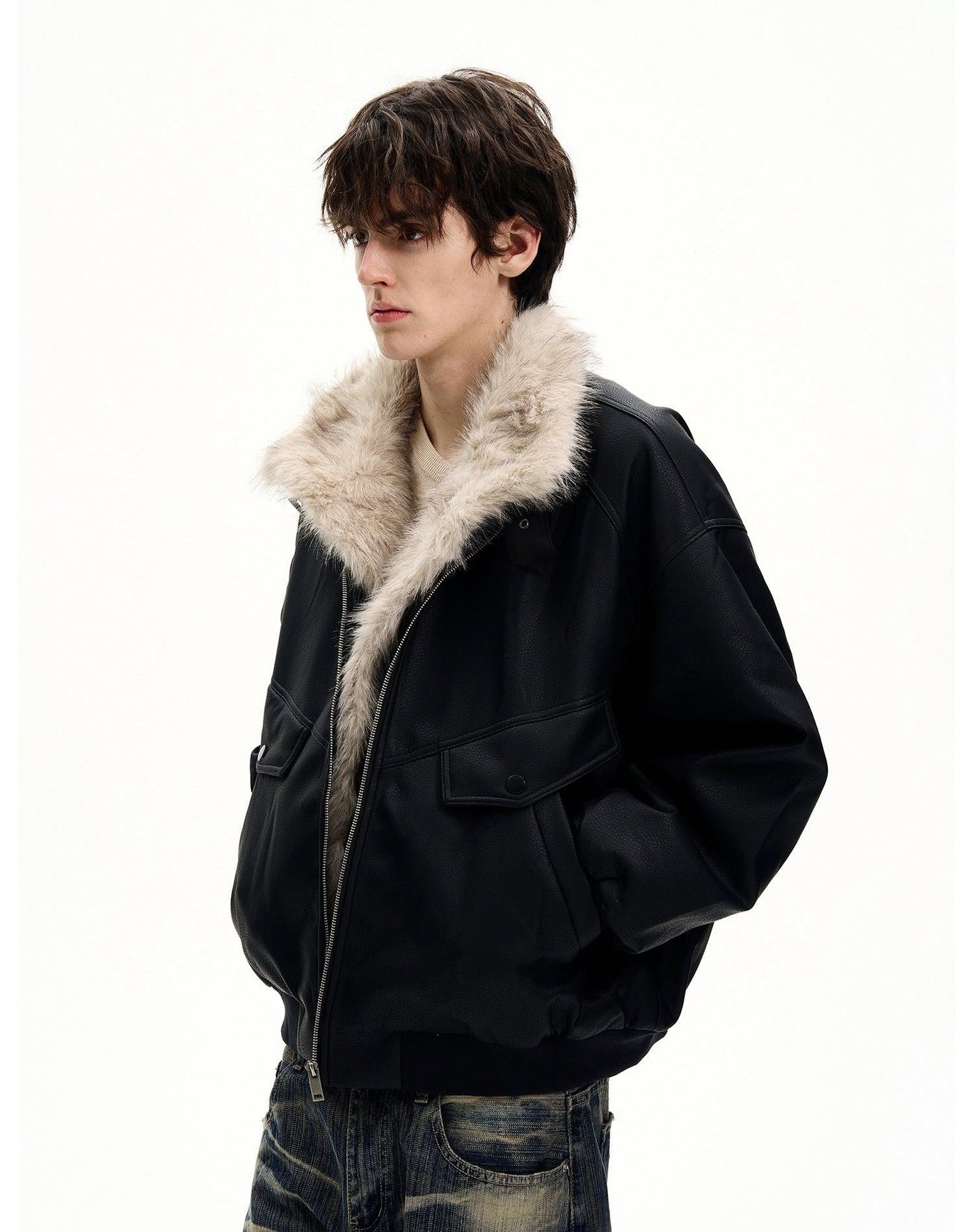Fur-Trim Structured PU Leather Jacket Korean Street Fashion Jacket By MaxDstr Shop Online at OH Vault