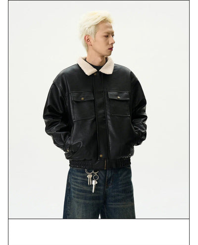 Multi-Pocket Fuzzy Lapel PU Leather Jacket Korean Street Fashion Jacket By A PUEE Shop Online at OH Vault