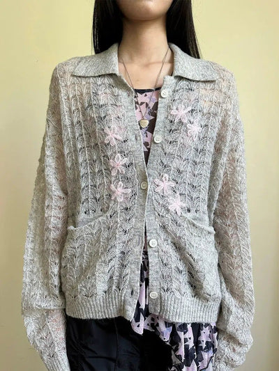 Flower Embroidery Collared Knit Cardigan Korean Street Fashion Cardigan By NeverSeez Shop Online at OH Vault