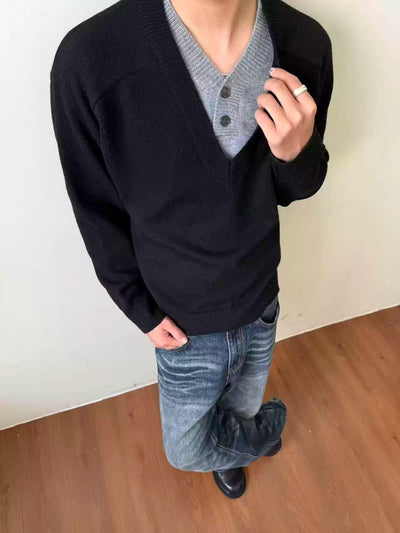 Contrast Spliced V-Neck Sweater Korean Street Fashion Sweater By Made Extreme Shop Online at OH Vault