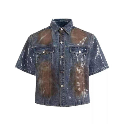 Rustic Fade Beaded Denim Shirt & Straight Jeans Set Korean Street Fashion Clothing Set By Slim Black Shop Online at OH Vault