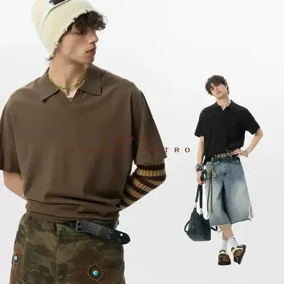 Clean Fit V-Neck Polo Korean Street Fashion Polo By JHYQ Shop Online at OH Vault