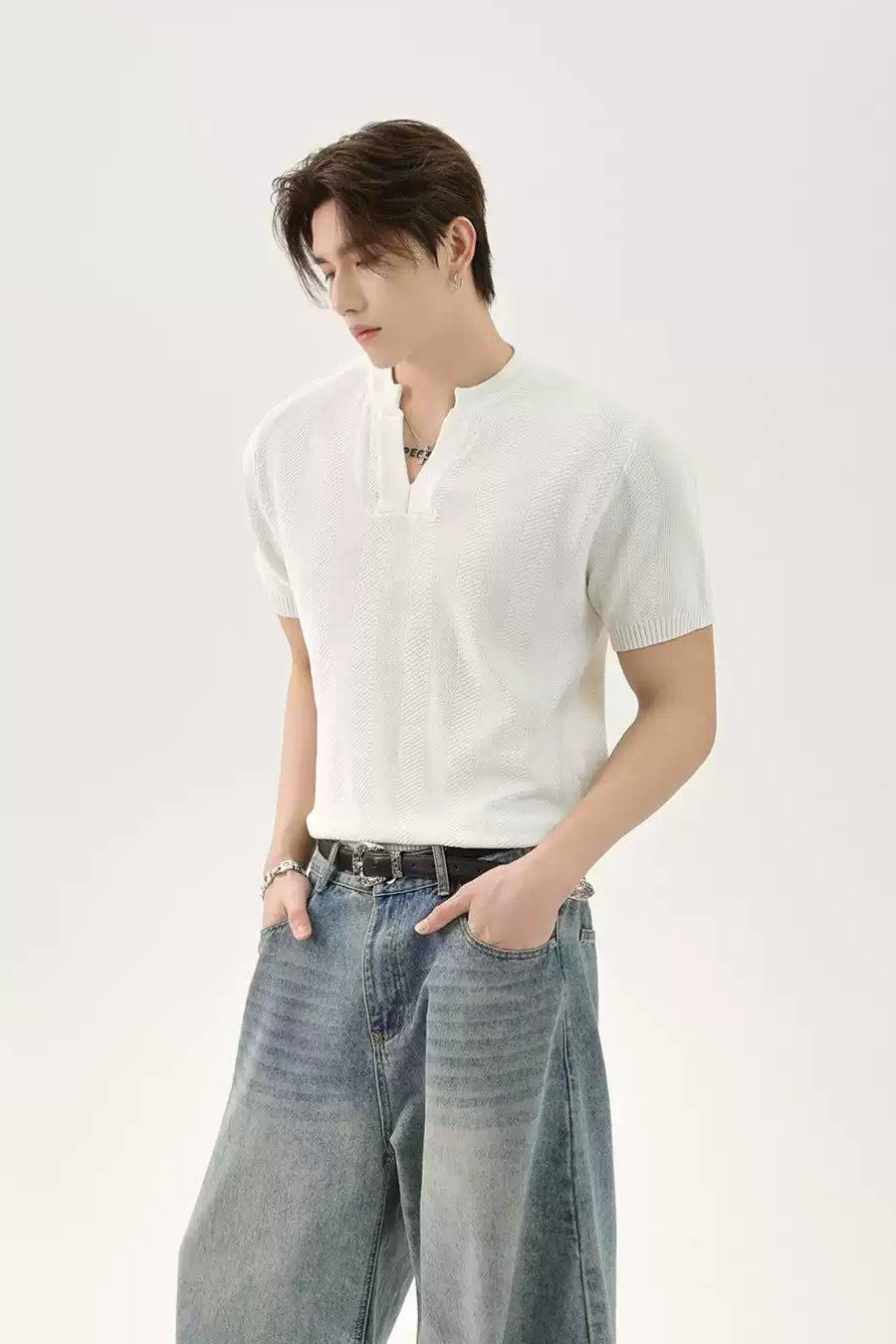 Plain V-Neck Knit T-Shirt Korean Street Fashion T-Shirt By Turn Tide Shop Online at OH Vault