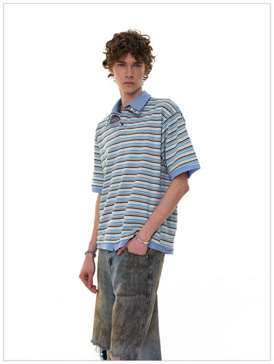 Stripe and Plaid Spliced Polo Korean Street Fashion Polo By Mr Nearly Shop Online at OH Vault