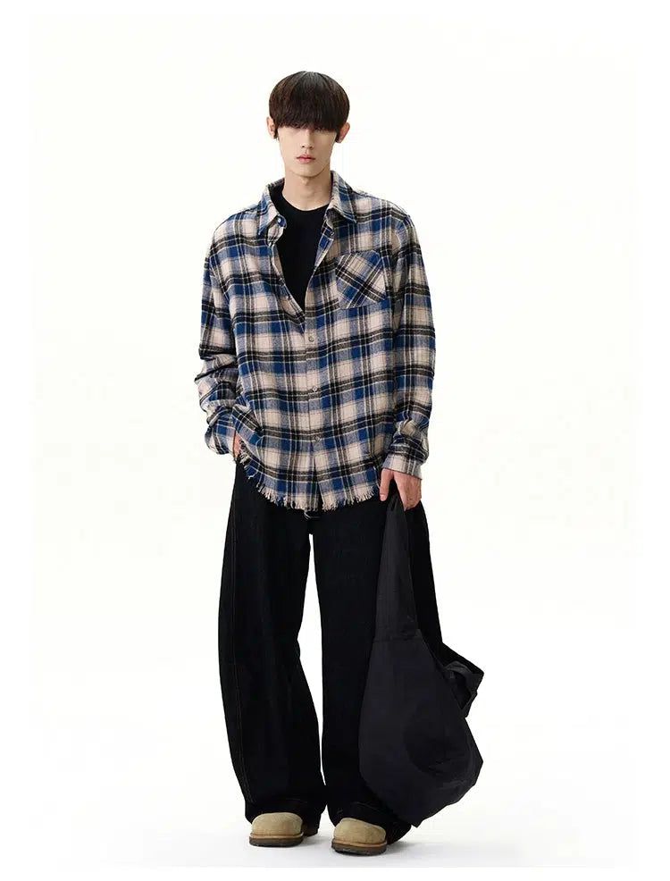 Large Plaid Raw Edge Shirt Korean Street Fashion Shirt By A PUEE Shop Online at OH Vault