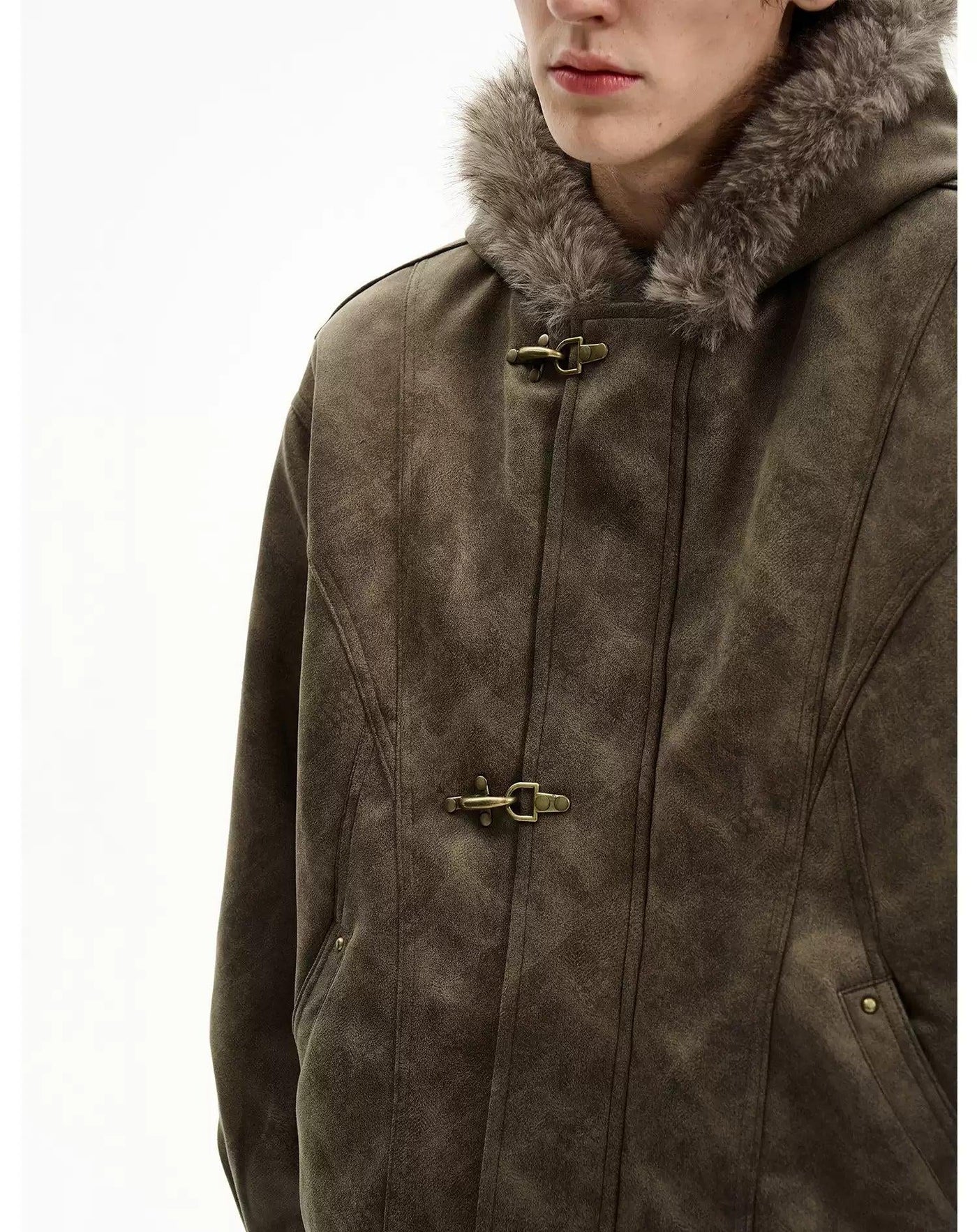 Fur Trim Hood Fireman Clasp Micro Suede Jacket Korean Street Fashion Jacket By MaxDstr Shop Online at OH Vault