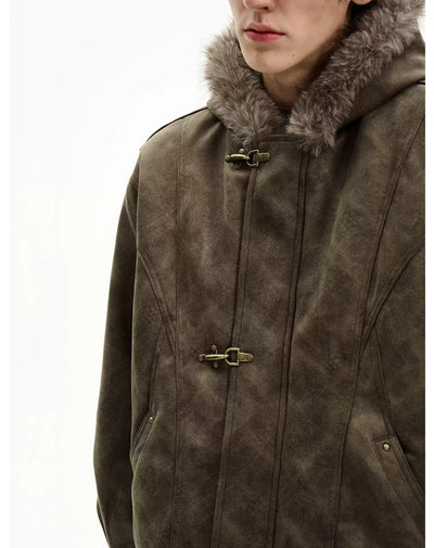 Fur Trim Hood Fireman Clasp Micro Suede Jacket Korean Street Fashion Jacket By MaxDstr Shop Online at OH Vault