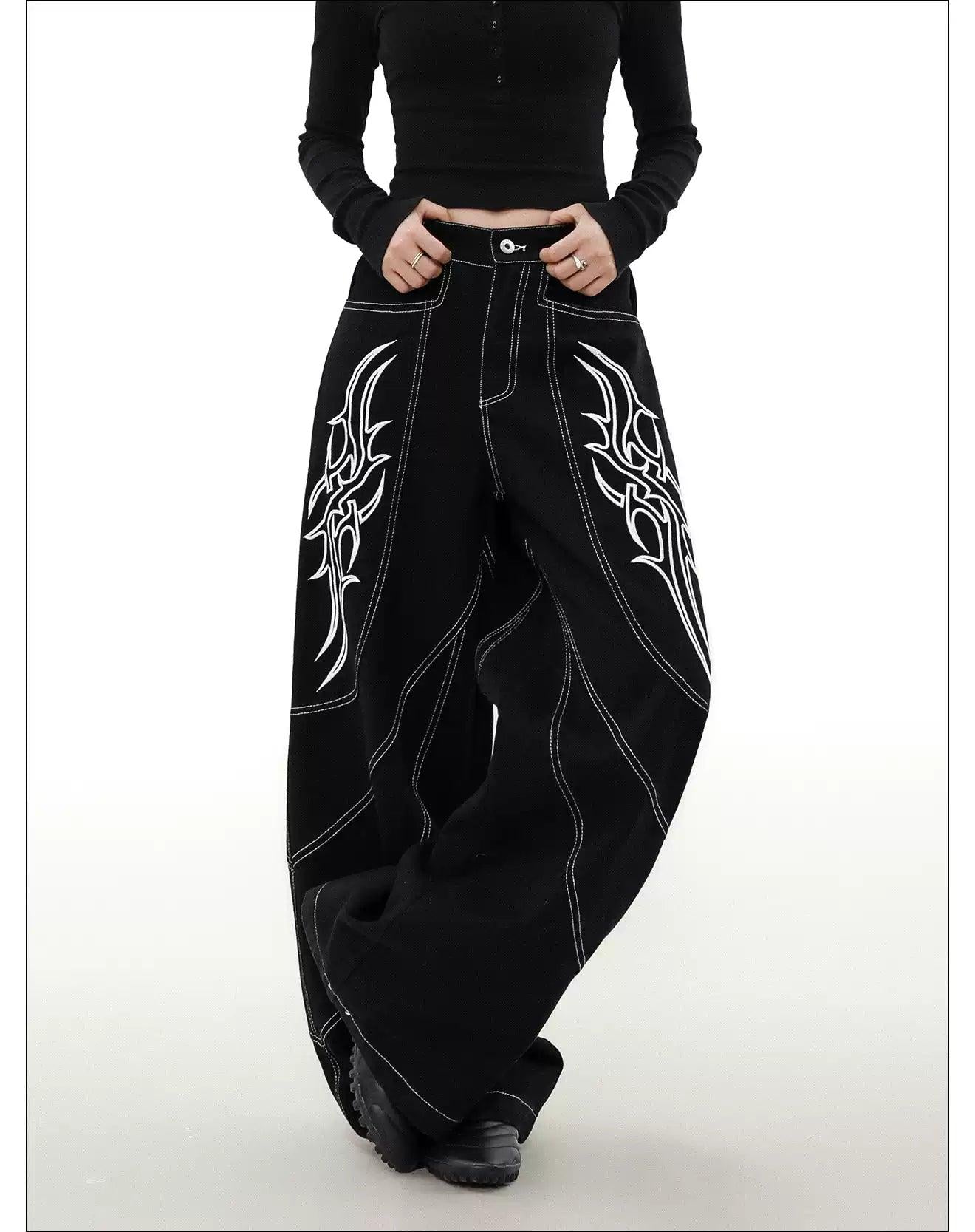 Tribal Stitched Detail Jeans Korean Street Fashion Jeans By Mr Nearly Shop Online at OH Vault