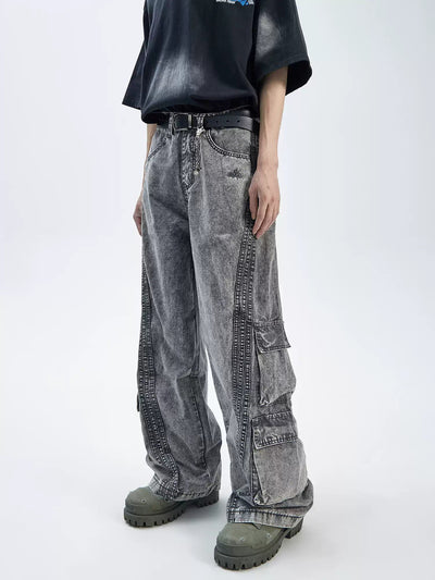 Washed Multi-Seamed Jeans Korean Street Fashion Jeans By Ash Dark Shop Online at OH Vault