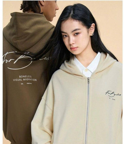 Cursive Logo Loose Fit Zip-Up Hoodie Korean Street Fashion Hoodie By Boneless Shop Online at OH Vault