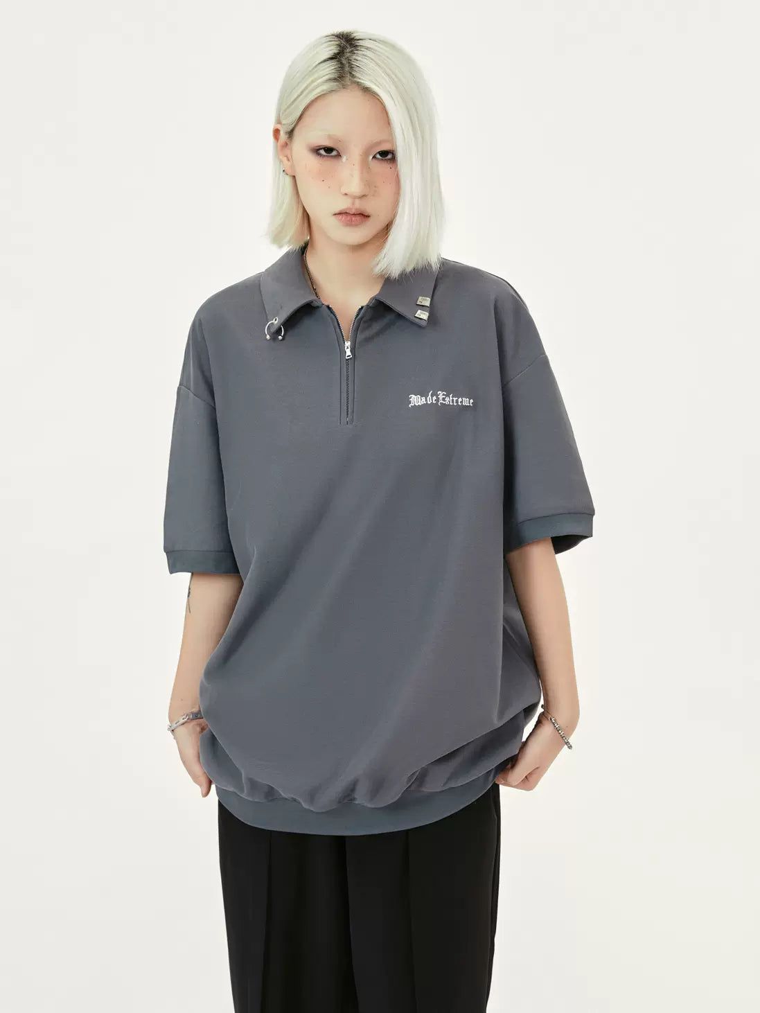 Metal Accessory Collar Zipped Polo Korean Street Fashion Polo By Made Extreme Shop Online at OH Vault