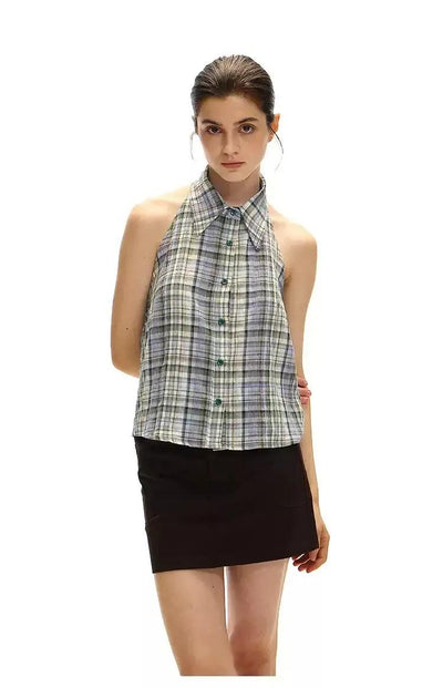 Plaid Halter Neck Blouse Korean Street Fashion Vest By Country Moment Shop Online at OH Vault