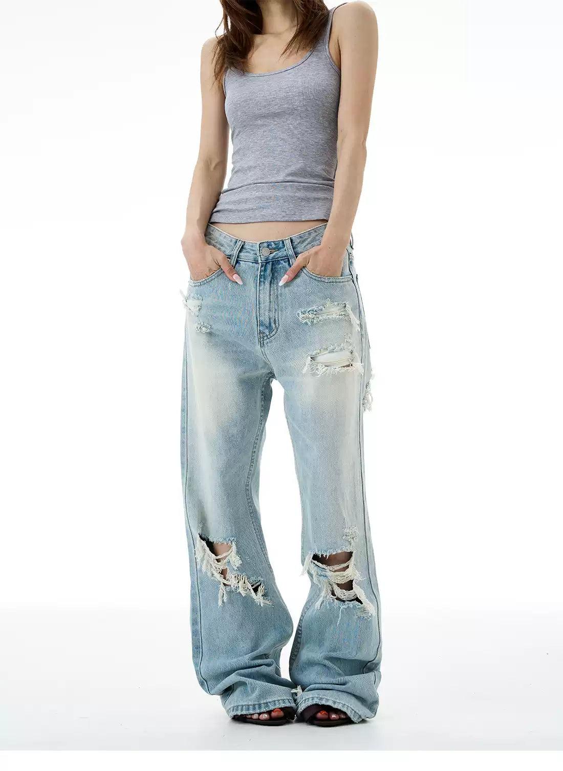 Distressed Lines and Spots Jeans Korean Street Fashion Jeans By 77Flight Shop Online at OH Vault